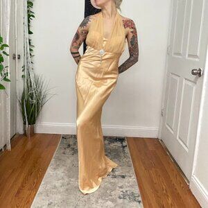 Y2K Vintage Rhinestone Satin Halter Prom Maxi Dress Sleeveless Size M Gold